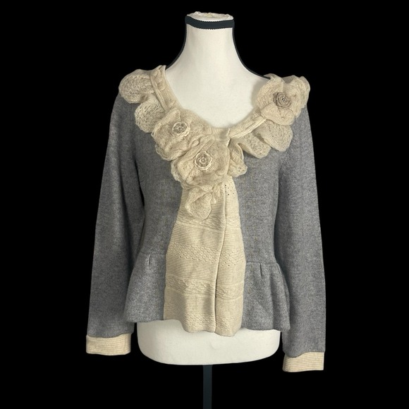 Anthropologie Field Flower Cashmere Blend Sweater Cardigan Womens L Ruffle Gray - Picture 2 of 8